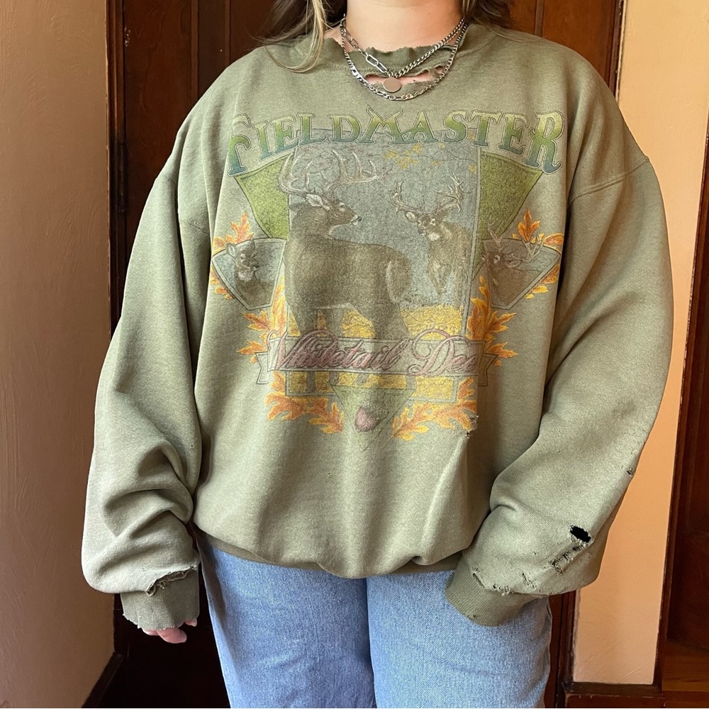 VTG 80s Fieldmaster Army Green Distressed Deer Crewneck Sweatshirt